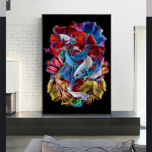 Posters and Prints Nordic Painted Fish Wall Art Canvas Black Oil Painting Abstract Animal Living Room Wall Picture Art Decor