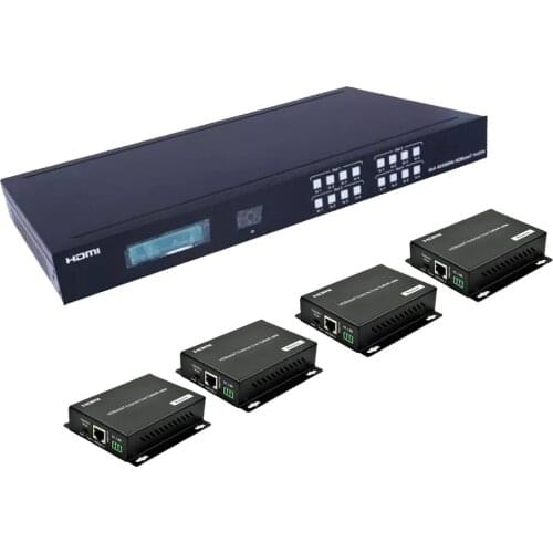 PUZHIJIE HDBaset Matrix HDMI 2.0 HDCP2.2 4K 60HZ 4X4 HDMI Matrix Extender Switcher With 4 POE Receivers Over Single Cat5e6 Cable