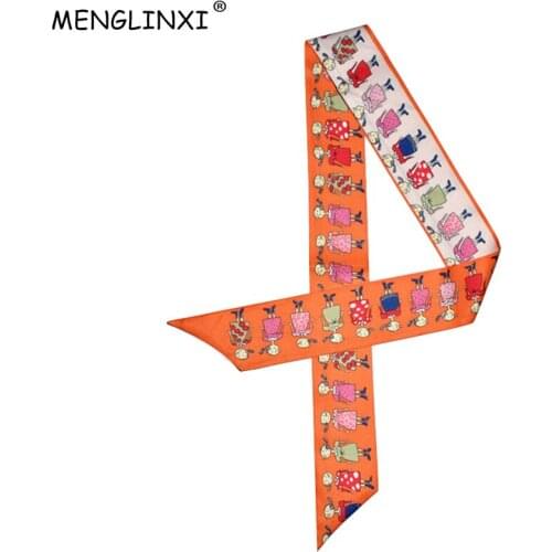 New Design Cartoon Characters Print Scarf Women Silk Scarf Fashion Head Scarf Brand Handle Bag Ribbons Small Long Scarves C33