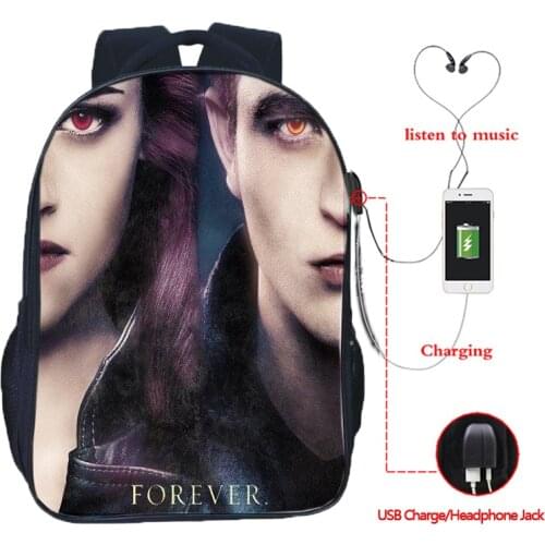 Twilight USB Charge Bag Students School Backpack Beautiful USB Charging School Bags Edward Cullen Daily Backpack for Boys Girls