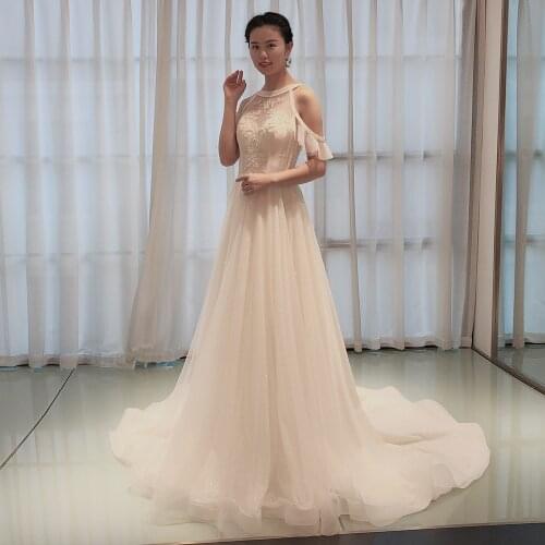 SL-5073 SuLi Off the Shoulder Lace Up Beach Wedding Dress 2020 New Court Train Bride Dress Appliques Beard Crystal Wedding Gowns
