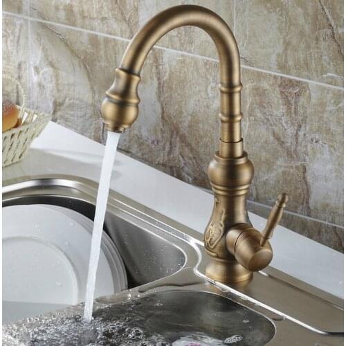 Vintage Retro Antique Brass Single Handle Swivel Spout Kitchen Sink Faucet Cold & Hot Mixer Tap asf080