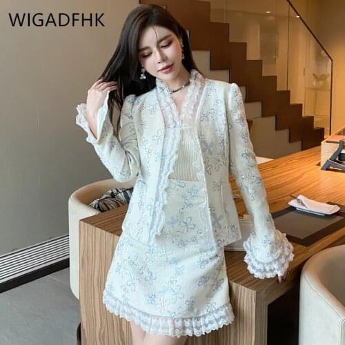 WIGADFHK Quality Womem Tweed 2 Piece Set Chic Women Lace Splicing Woolen Sequined Embroidery Jacket Coat + High Waist Skirt Sets