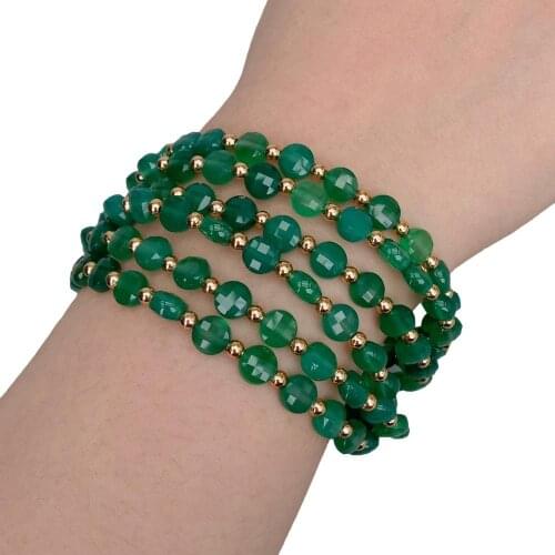 YYGEM 6 Strands Faceted Coin Green Agate Bracelet Cubic Zirconia Pave Clasp luxury style for women