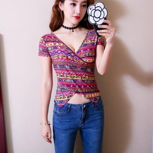 Woman Plus Size Short Sleeve T Shirt New Woman Korean Edition Floral Print Deep V-neck Sexy Club T Shirt Slim Fit Dance T Shirt