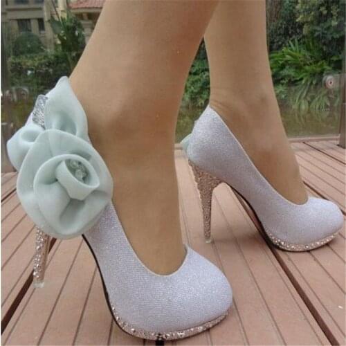 2019 new fashion womens shoes silver wedding shoes bridal shoes stiletto shallow mouth round head crystal flower single shoes