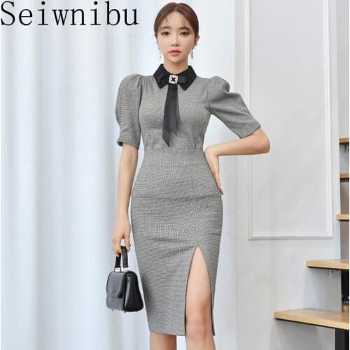 2020 Spring Women Short Sleeve houndstooth Shirt Blouse + High Waist Plaid Pencil Knee-Length Skirt Set Office Lady 2 Pieces Set