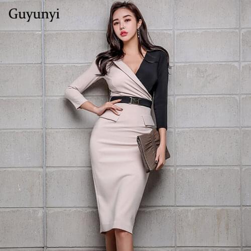 Office Lady Dress 2020 Autumn High Waist Slim Pencil Dress Black Stitching Three-Quarter Sleeve Elegant Party Dress Women
