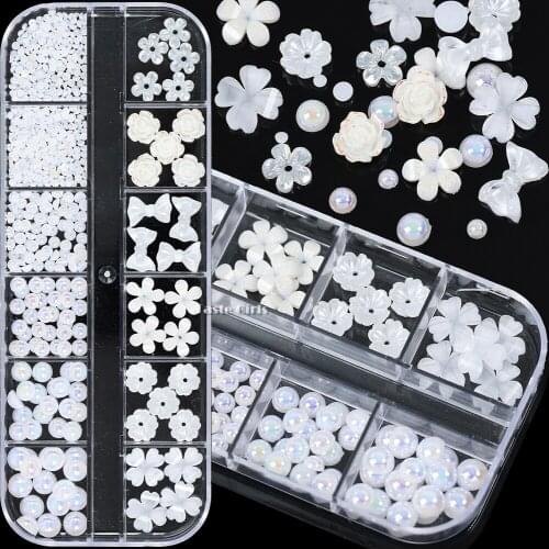 12Grids/Box Mix Flowers AB Flatback Half-Round Pearl Caviers Arylic Nail Art Rhinestone Decorations Manicure Charms DIY Gems