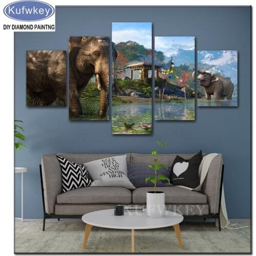 2019 New 5D Diamond Painting Full Square round 3D Diamond Embroidery Africa Elephant Animal Landscape Diamond Mosaic Sales