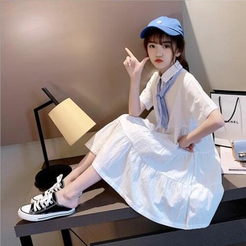 White Girl Dress Cotton Short Sleeves Turn-down Collar Dresses Preppy Style Kids Girl Princess Dresses Cute Children Clothes