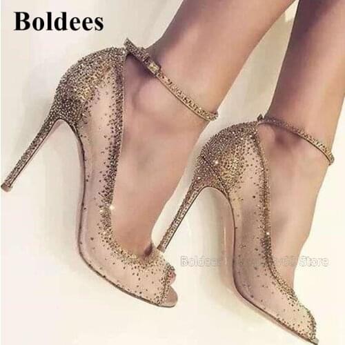 Designer Mesh Golden Glittering Crystal Peep Toe Stiletto Heeled Dress Shoes Fashion Mesh Lace Open Toe Concise Women Shoes
