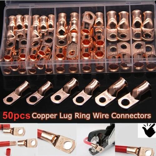 30/50PCS Electrical AWG3/8 Bare Copper Ring Lugs Battery Crimp Terminals Electric Wire Cable Connectors Kit Assortment Kit