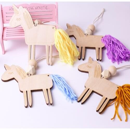 INS Nordic Wooden Beads Unicorn Tassel Wall Hanging Ornaments Pendant Kids Room Decorations Baby Tent Nursery Decor Photo Props