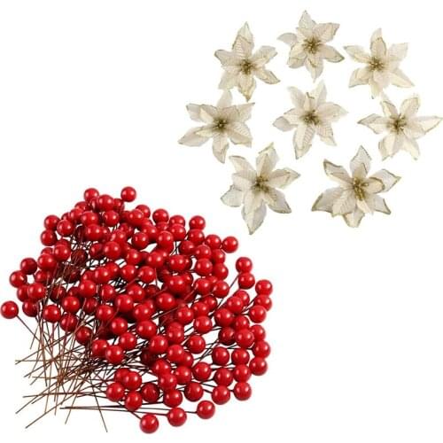 20Pcs Artificial Wedding Christmas Flowers Wreaths (Gold) & 200 Pcs Holly Berries Artificial Berries for Christmas