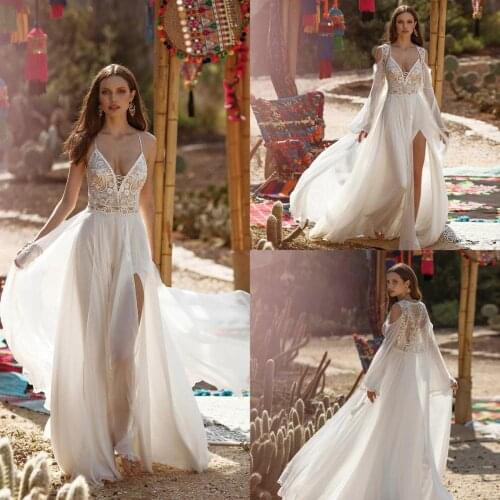 Spaghetti Wedding Dresses 2020 Lace Beaded Backless Bohemian Bridal Gowns with Long Wrap Beach Vestido De Novia