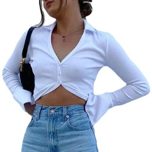 Jacket Women Long Sleeve Cardigan Autumn Winter T Shirt Tops Lapel Slim Temperament NEw Three Buttons Solid Color White T-Shirt