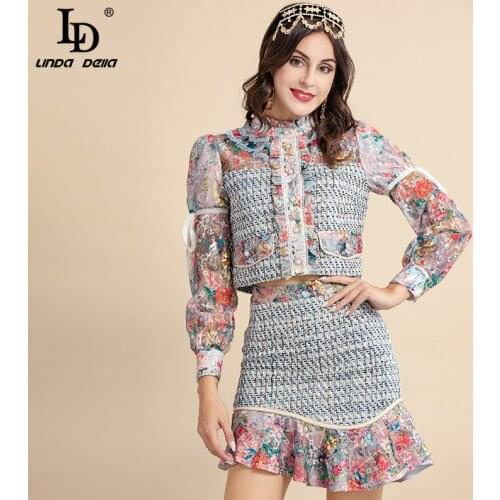 LD LINDA DELLA 2021 Autumn New Tweed Skirts 2 Piece Sets Womens Lace Flower print Long Sleeve Coat and Ruffle Short Skirt Suit