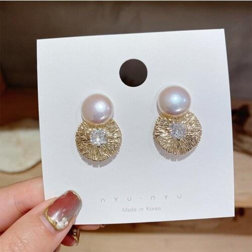 MINAR Unique Design Big Imitation Pearl Stud Earring for Women Ladies Coin Shiny Rhinestone Earring Wedding Jewelry Hot Sale