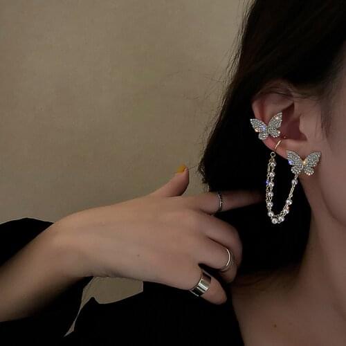 Fashion Crystal Butterfly Tassel Clip Earrings Ear Hook Stainless Steel Ear Clips Non Pierced Earring Women Girls Jewelry