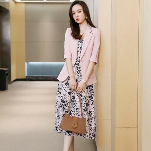 Fashion Ladies Pink Blazer Women Businiess Suits Dress and Jacket Sets Office Work Uniform Half Sleeve Clothes