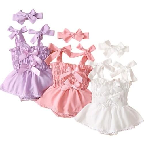 2021-04-20 Lioraitiin 0-18M 2Pcs Baby Girls Infant Ruffles Pleated Summer Suspender Pink Purple White Bodysuit+Headwear Outfit