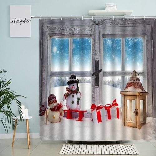 Xmas Window View Shower Curtain Merry Christmas Snowman Santa Claus Bathroom Wall Decor With Hooks Hanging Waterproof Curtains