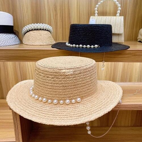 French Elegant Pearl Chain Wide Brim Raffia Flat Top Straw Cap For Women Handmade Lady Summer Beach Caps Luxury Hat Sun Visor