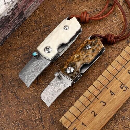 Mini Damascus Magic Bean Folding Knife VG10 Blade Cow Bone Handle Christmas Gift Collection Art EDC Tool Knife