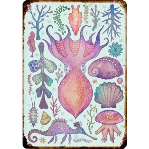 Vintage Metal Plaque Tin Sign Sea Animal Squid Sealife Home Bar Hotel Restaurant Wall Art Sign 12X8Inch