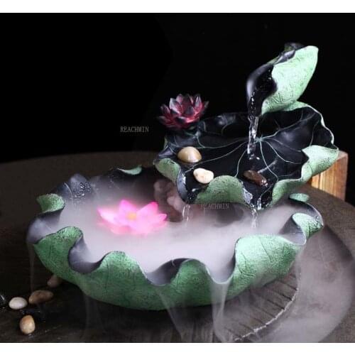 Flossy Resin Water Fountain Lotus Aromatherapy Indoor Air Humidifier Desktop Fengshui Craft Home Decoration Ornaments