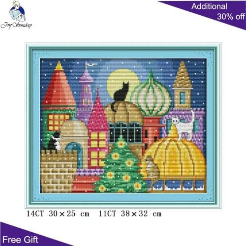 Joy Sunday The Cat City Cross Stitch K476 14CT 11CT Counted and Stamped Home Decor Cat Embroidery DIY Cross Stitch kits