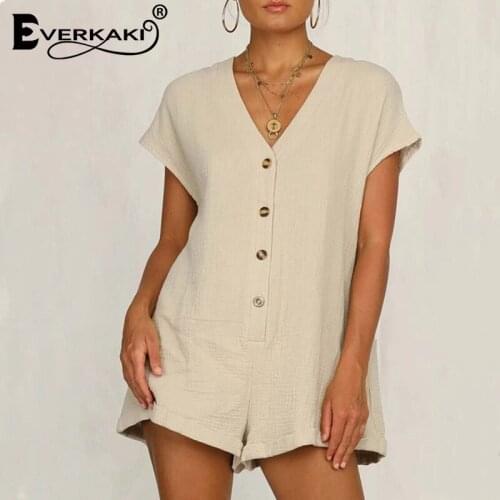 Everkaki Casual Rompers Playsuits Women Cotton Solid Buttons Pockets Summer Beach Oversized Outfits Playsuits Romper Female 2021