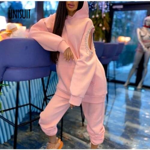 Women Set 2021 Fashion Long Sleeve Hoodies Trousers Sets Autumn Off Shoulder Hollow Out Pullover Top Pants Ladies Casual Suits