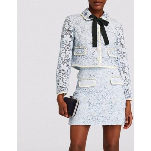 2021 Summer New Style Women Lace Suits Long Sleeve Lapel Bow Hollow Out Floral Blouse + 3D Embroidery Diamond Ornament Skirt