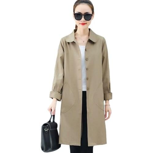 Single-Breasted Thin Windbreaker Jacket Office Lady Outerwear Loose Spring Autumn 2021New Womens Long Trench Coat Plus Size 3XL