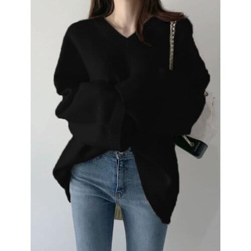 New Women Oversized Sweater Auutmn Winter Long Sleevd Solid V Neck Knitted Pullover Ladies Casual Loose Korean Harajuku Tops