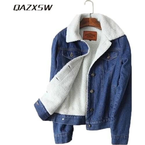 QAZXSW Spring Autumn Winter New 2019 Women Lambswool Jean Coat Long Sleeves Warm Jeans Coat Outwear Wide Denim Jacket HB464