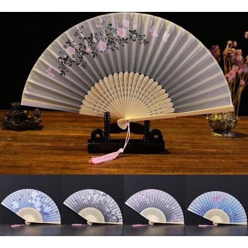1PC Antiquity Folding Fan Hand Silk Cloth Chinese Traditions Wooden Bamboo Vintage Tassel Party DIY Dance Gifts Performance Fan