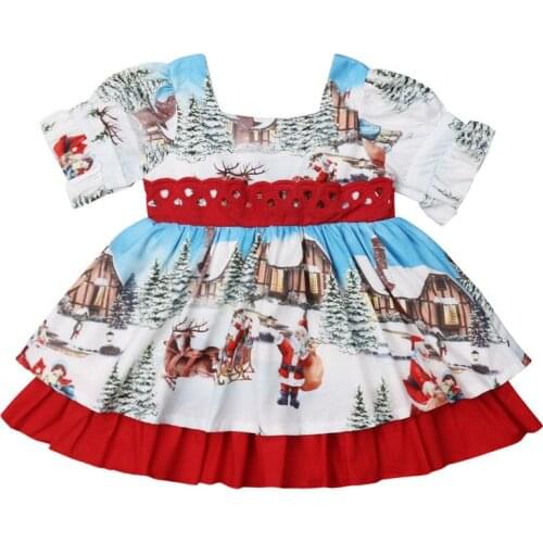 2018 Retro Kids Baby Girl Christmas Princess Dress Santa Claus Print Puff Sleeve Lace Back Bow Party Ball Gown Swing Dress 1-6Y