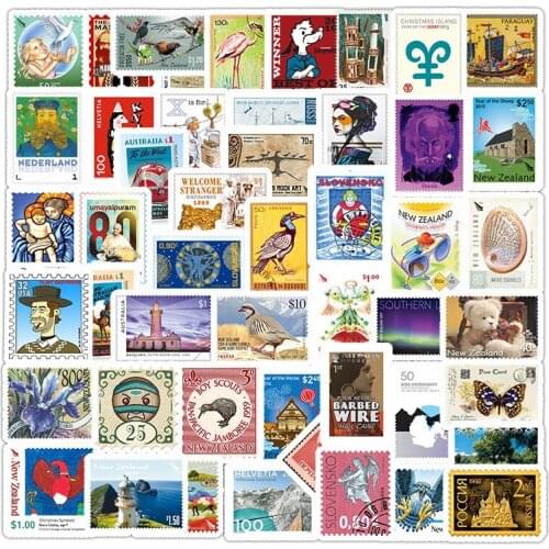 50Pcs Vintage Travel Stamp Stickers Decorations Scrapbooking Diary Albums DIY Craft PVC Waterproof Skateboard Cartoon Stickers