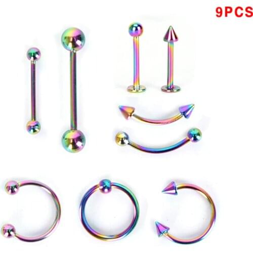 9Pcs/set Body Piercing Stainless Steel Eyebrow Lip Nose Jewellery Tongue Tragus Labret Bar Rings