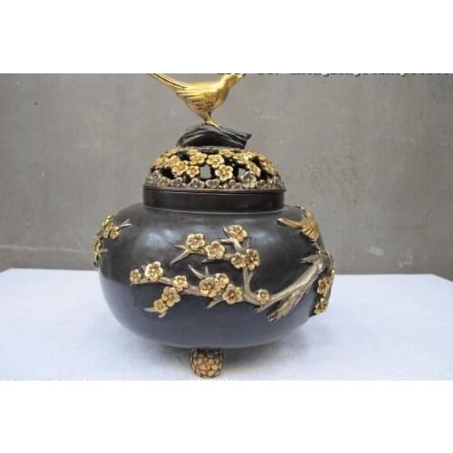 Royal 100% Bronze 24K Gold Silver Plum flower Magpie Bird incense burner Censer