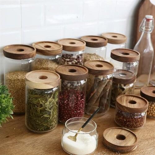 Wooden Lid Candy Jar High Borosilicate Transparent Glass Storage Box Tank Portable Food Grain Container Organizer
