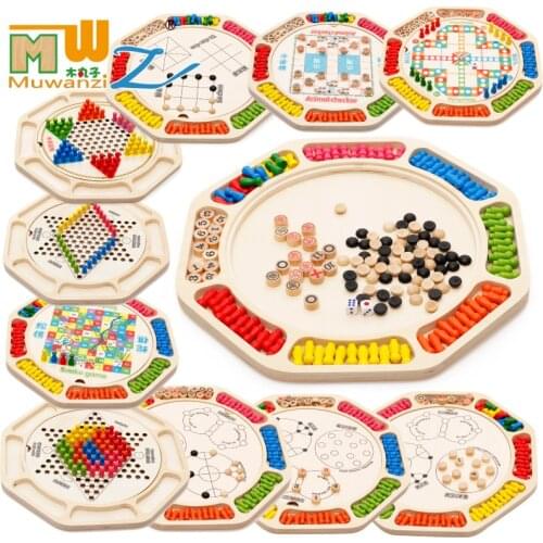 Wooden blocks multifunctional sixteen in one Checkers flying five chess table games educational toys set gift M129