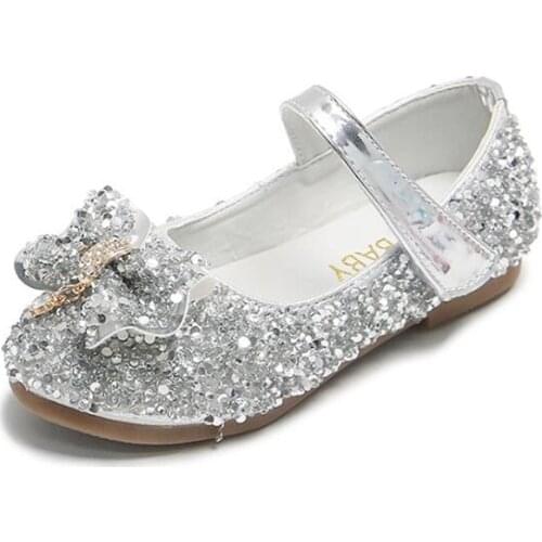 Children Leather Shoes For Girls Toddlers Big Kids Dress Shoes For Wedding Party Glitter Sequined Fabric With Bow-knot Mary Jane