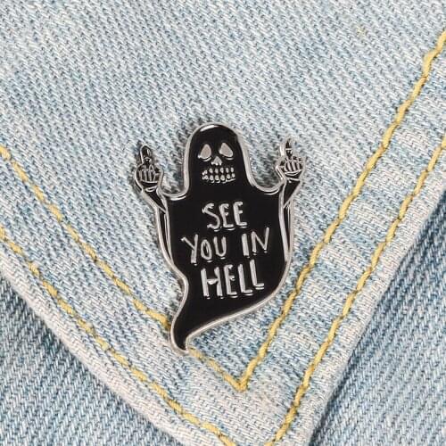 Black Ghost Middle Finger Black Cat Enamel Pins See You In Hell Badge Brooches BagLapel Pin Funny Punk Gothic Gifts Whoelsale
