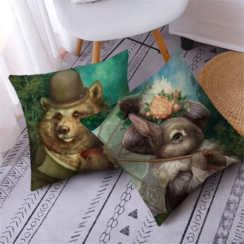 Fuwatacchi Linen Rabbit Fox Photo Cushion Cover Giraffe Animal Print Pillow Covers for Home Sofa Decorative Pillowcases 45x45cm