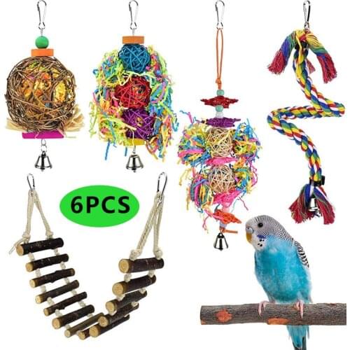 6Pcs Parrot Bird Toys Wood Ladder Rope Stand Chewing Bite Rattan Balls Budgie Cockatiel Training Toys Accessories Pet Supplies
