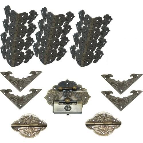 Chinese Vintage Brass Lock Set Fit for 20cm Wooden Box,Vase Buckle Wooden Box Hasp Latch Lock+Hinge+Bat Corner